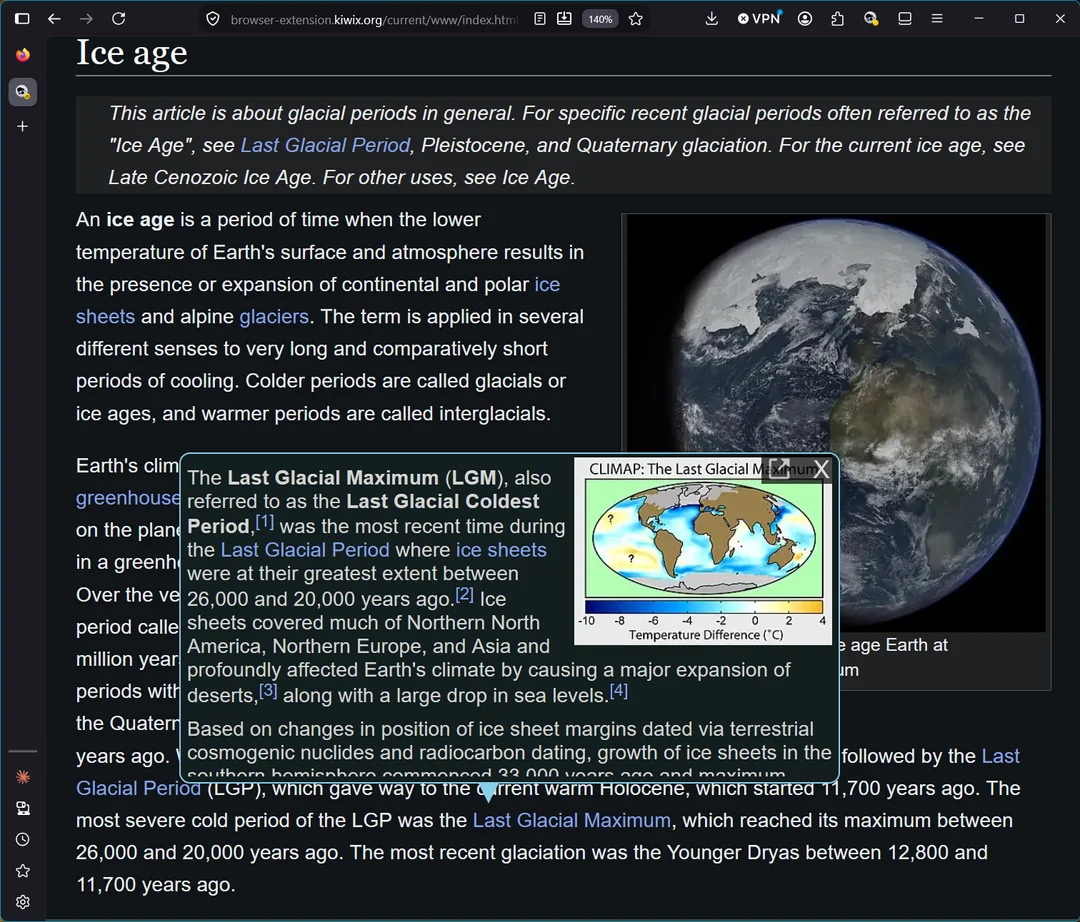 Screenshot of a Wikipedia article on the Ice Age