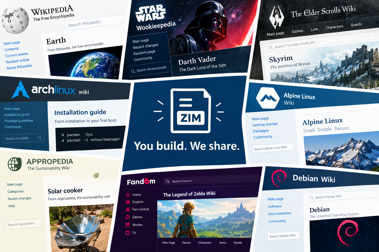 A patchwork image of several wikis' landing pages